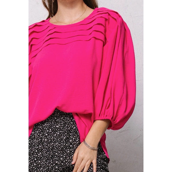 Plus Size - Solid Pintuck Detail Blouse - Hot Pink