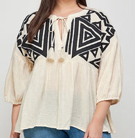 Plus Size - Embroidery Patch Detail Loose Fit - Cream