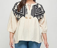 Plus Size - Embroidery Patch Detail Loose Fit - Cream