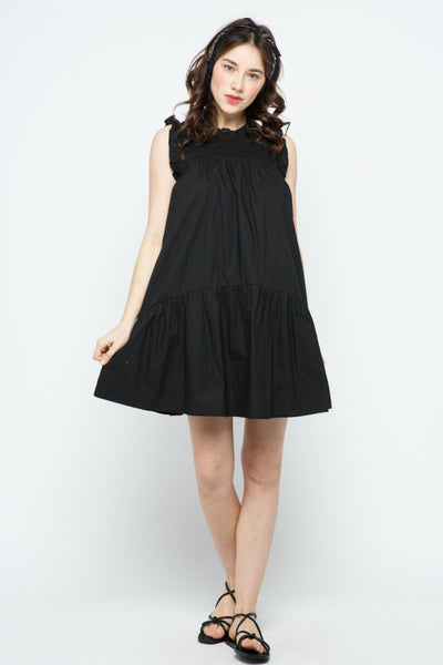 Shirred Cap Sleeve Dress - Black