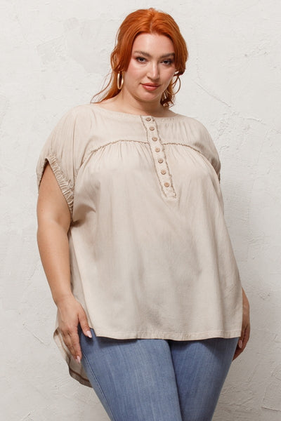 Plus Size - Slouchy Fit Henley Top - Taupe