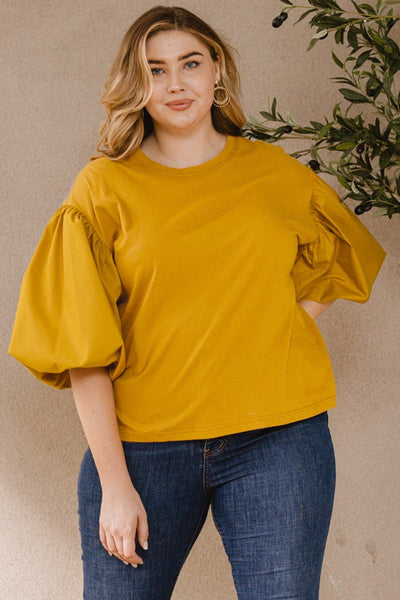 Plus Size - Woven Puff Sleeved Knit Top - Mustard