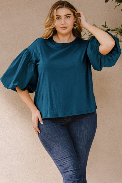 Plus Size - Woven Puff Sleeved Knit Top - Teal Blue