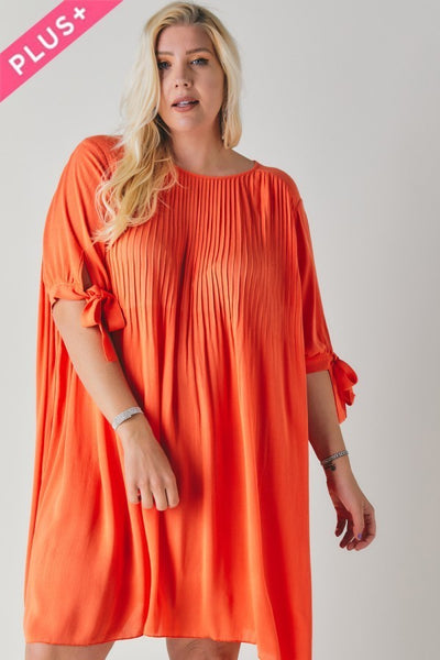 Plus Size - Solid Round Neck Mini Dress - Tangerine
