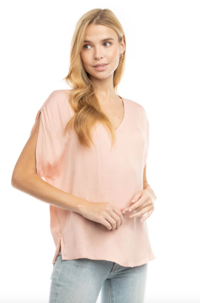 Drop Shoulder Boxy Blouse with Side Slit - Rose Dawn