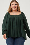 Plus Size - Square Neck Box Pleat Detail Top - Forest