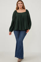 Plus Size - Square Neck Box Pleat Detail Top - Forest