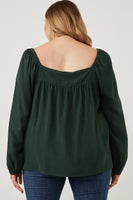 Plus Size - Square Neck Box Pleat Detail Top - Forest