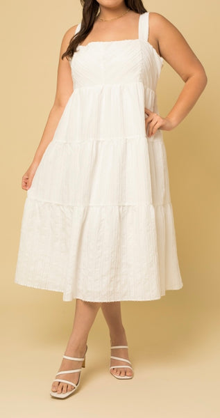 Plus Size - Textured Striped Smoked Back Midi Dress - White