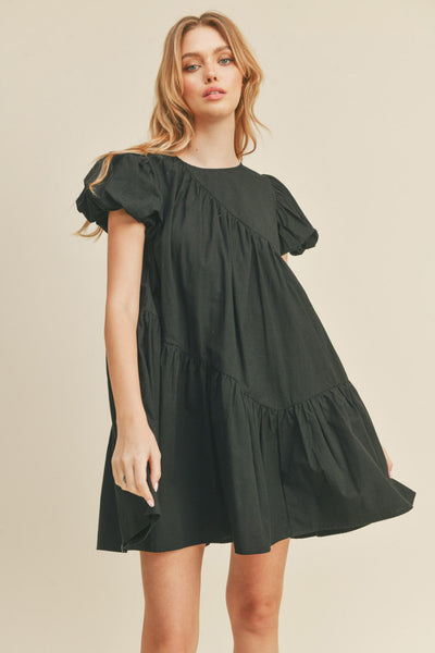 Asymmetric Seam Babydoll Dress - Black