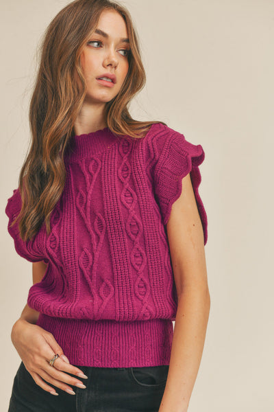 Cable Knit Sweater Vest - Electric Berry