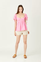 Puff Sleeve Babydoll Top - Cool Pink