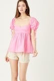 Puff Sleeve Babydoll Top - Cool Pink